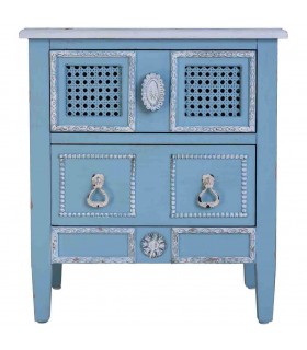 Mesita de noche azul, madera y ratán con pátina blanca vintage. Mdmhogar1