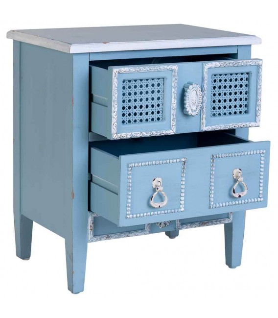 Mesita de noche azul, madera y ratán con pátina blanca vintage. Mdmhogar2