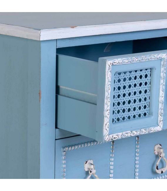 Mesita de noche azul, madera y ratán con pátina blanca vintage. Mdmhogar4