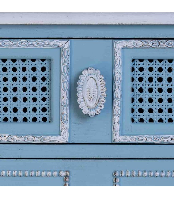 Mesita de noche azul, madera y ratán con pátina blanca vintage. Mdmhogar5