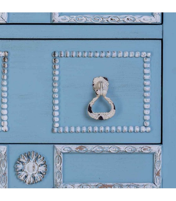 Mesita de noche azul, madera y ratán con pátina blanca vintage. Mdmhogar6