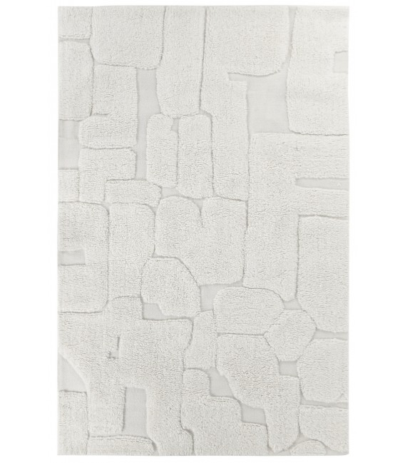 Alfombra rectangular blanca, relieve geométrico en lana y algodón. Mdmhogar