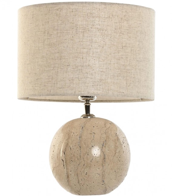 Lámpara de sobremesa travertino, metal cromado y lino beige. Mdmhogar