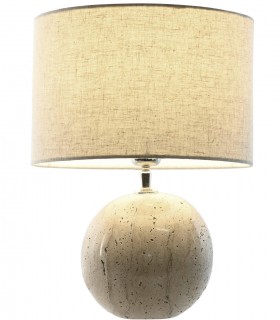 Lámpara de sobremesa travertino, metal cromado y lino beige. Mdmhogar1