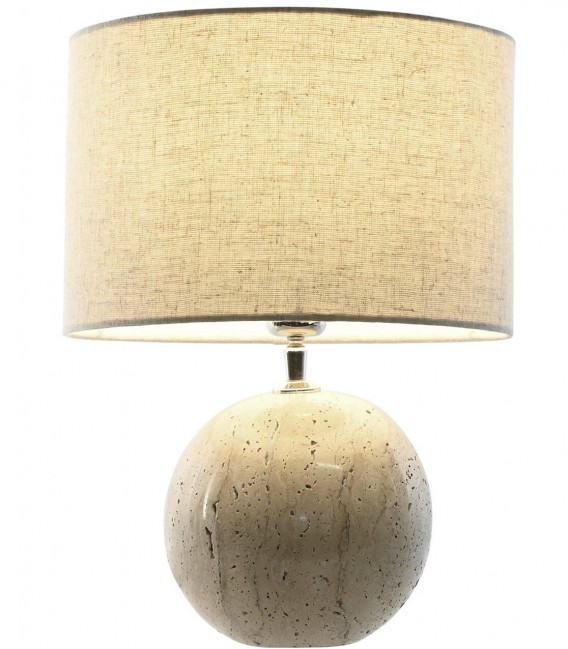 Lámpara de sobremesa travertino, metal cromado y lino beige. Mdmhogar1