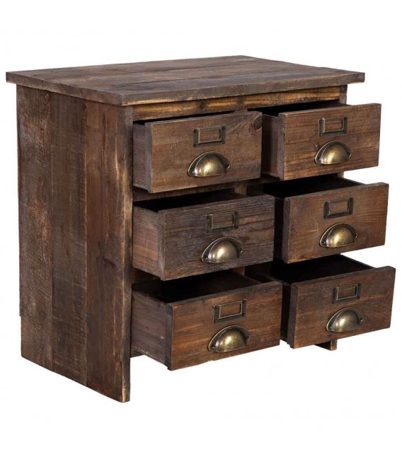 Mesita rústica 6 cajones, madera reciclada y metal en bronce patinado. Mdmhogar2
