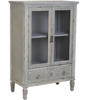 Vitrina clásica baja, madera gris rozado y pátina blanca artesanal. Mdmhogar