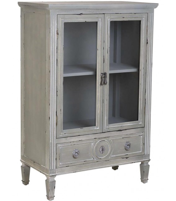 Vitrina clásica baja, madera gris rozado y pátina blanca artesanal. Mdmhogar