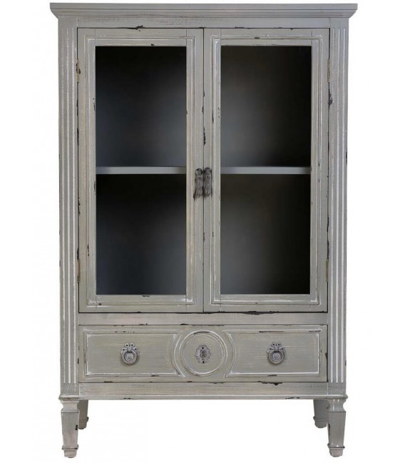 Vitrina clásica baja, madera gris rozado y pátina blanca artesanal. Mdmhogar1