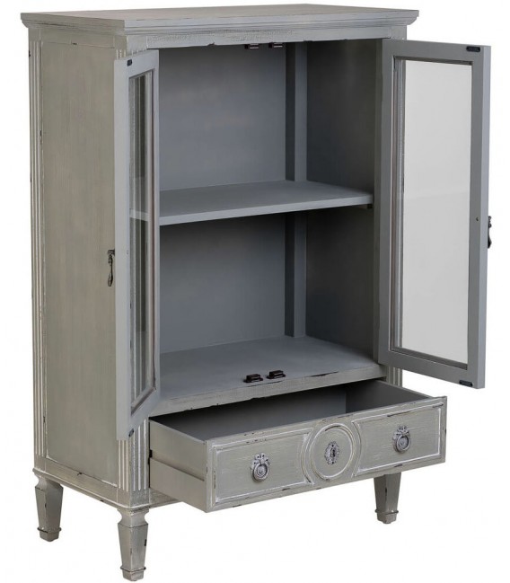 Vitrina clásica baja, madera gris rozado y pátina blanca artesanal. Mdmhogar2