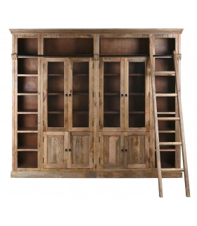 Librería de madera maciza con escalera, 4 puertas de cristal.1