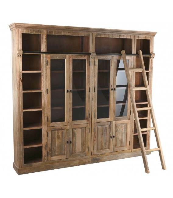 Librería de madera maciza con escalera, 4 puertas de cristal. Mdmhogar