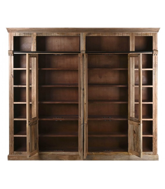 Librería de madera maciza con escalera, 4 puertas de cristal.2