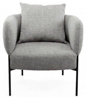 Butaca moderna tapizada en chenilla gris, patas de metal negro. Mdmhogar1