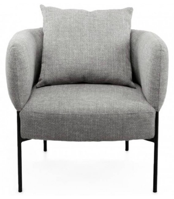 Butaca moderna tapizada en chenilla gris, patas de metal negro. Mdmhogar1