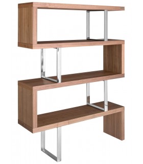 Estantería moderna en nogal y acero cromado, diseño asimétrico. Mdmhogar1