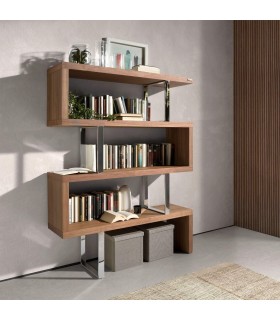 Estantería moderna en nogal y acero cromado, diseño asimétrico. Mdmhogar