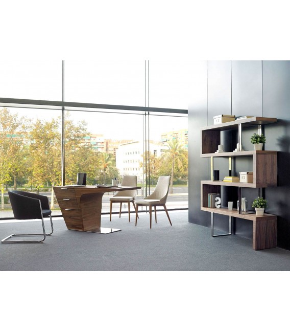 Estantería moderna en nogal y acero cromado, diseño asimétrico. Mdmhogar4