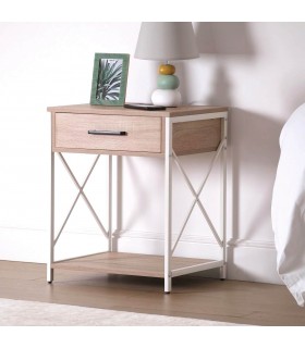 Mesita de noche industrial, madera y metal blanco con cajón. Mdmhogar