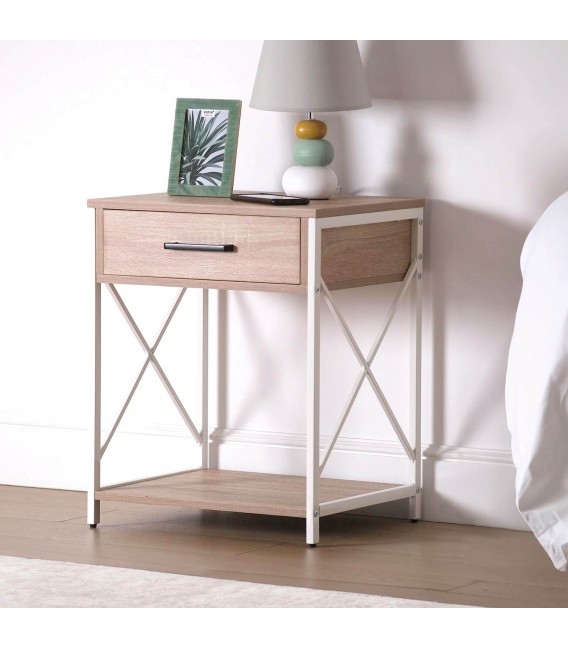 Mesita de noche industrial, madera y metal blanco con cajón. Mdmhogar