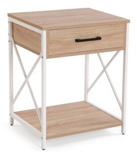Mesita de noche industrial, madera y metal blanco con cajón. Mdmhogar1
