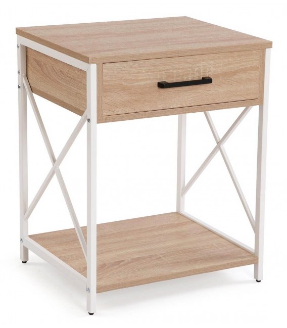 Mesita de noche industrial, madera y metal blanco con cajón. Mdmhogar1