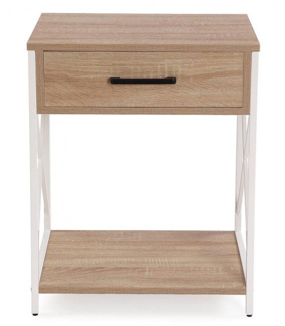 Mesita de noche industrial, madera y metal blanco con cajón. Mdmhogar2