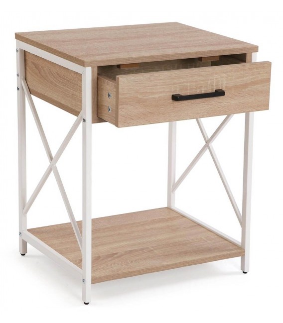 Mesita de noche industrial, madera y metal blanco con cajón. Mdmhogar3
