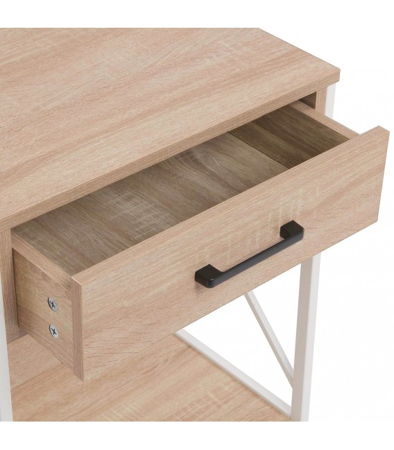 Mesita de noche industrial, madera y metal blanco con cajón. Mdmhogar4