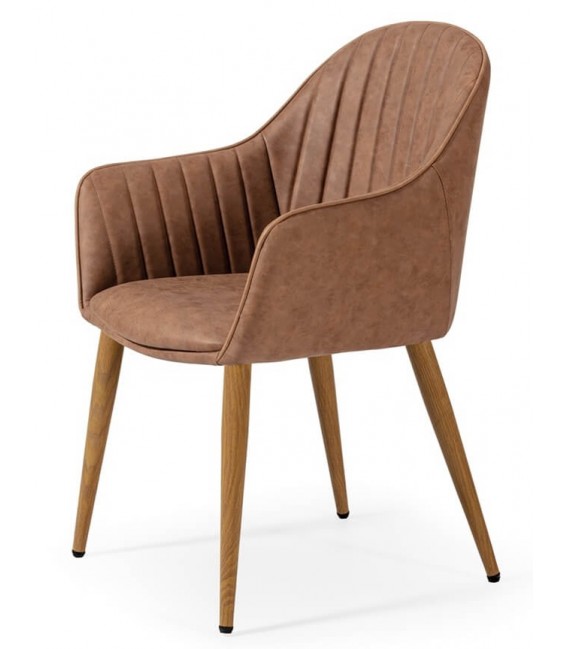Sillón de comedor nórdico en polipiel marrón y patas imitación roble. Mdmhogar