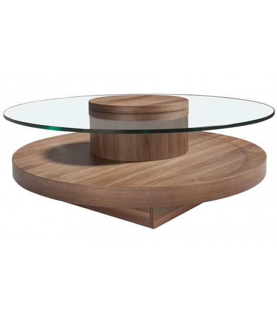 Mesa de centro redonda en madera de nogal y cristal templado. Mdmhogar1