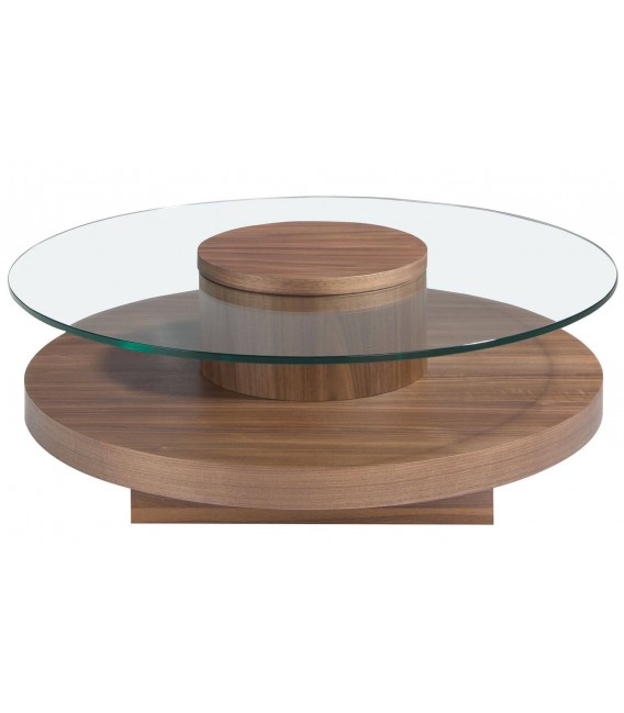 Mesa de centro redonda en madera de nogal y cristal templado. Mdmhogar2