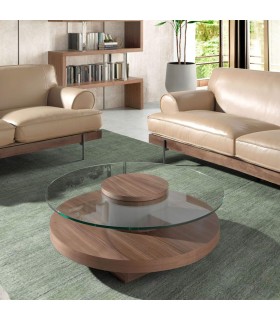 Mesa de centro redonda en madera de nogal y cristal templado. Mdmhogar