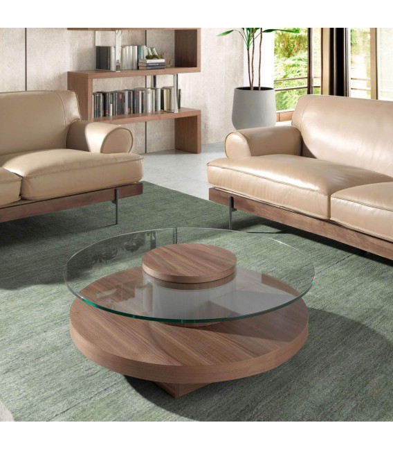 Mesa de centro redonda en madera de nogal y cristal templado. Mdmhogar