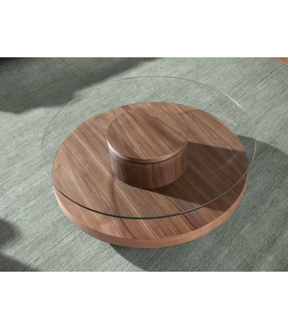 Mesa de centro redonda en madera de nogal y cristal templado. Mdmhogar4