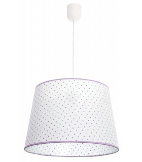 Lámpara de techo infantil en textil blanco con topos lilas. Mdmhogar