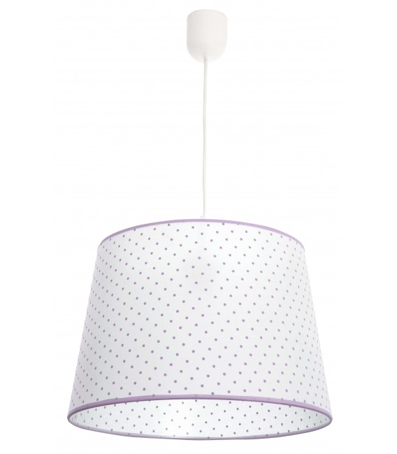 Lámpara de techo infantil en textil blanco con topos lilas. Mdmhogar