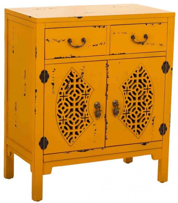 Taquillón oriental en madera decapada amarilla con 2 puertas y 1 cajón. Mdmhogar