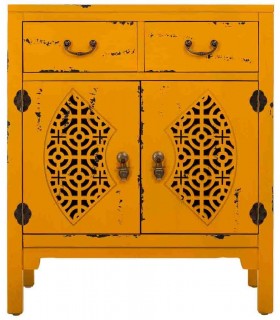 Taquillón oriental en madera decapada amarilla con 2 puertas y 1 cajón. Mdmhogar1