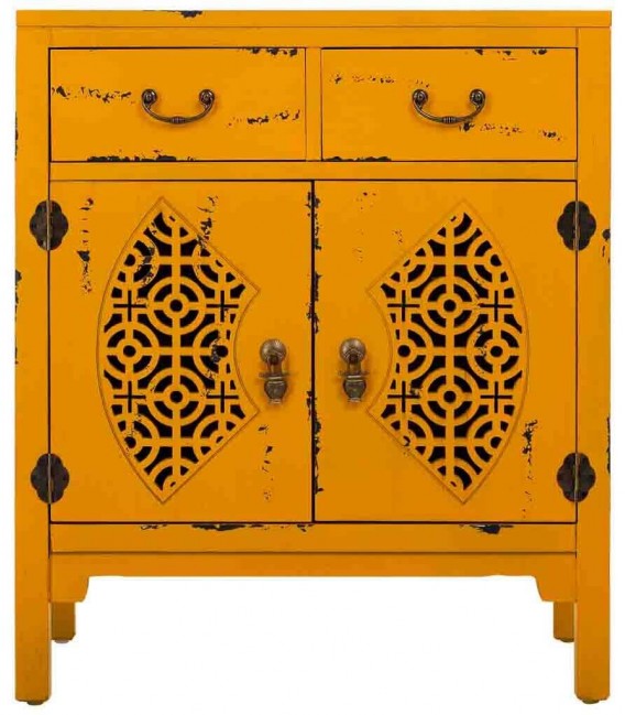 Taquillón oriental en madera decapada amarilla con 2 puertas y 1 cajón. Mdmhogar1
