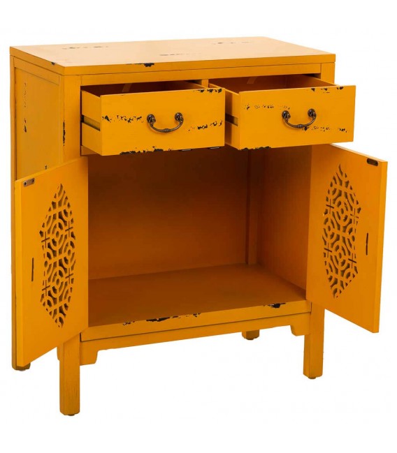 Taquillón oriental en madera decapada amarilla con 2 puertas y 1 cajón. Mdmhogar2