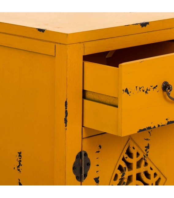 Taquillón oriental en madera decapada amarilla con 2 puertas y 1 cajón. Mdmhogar4