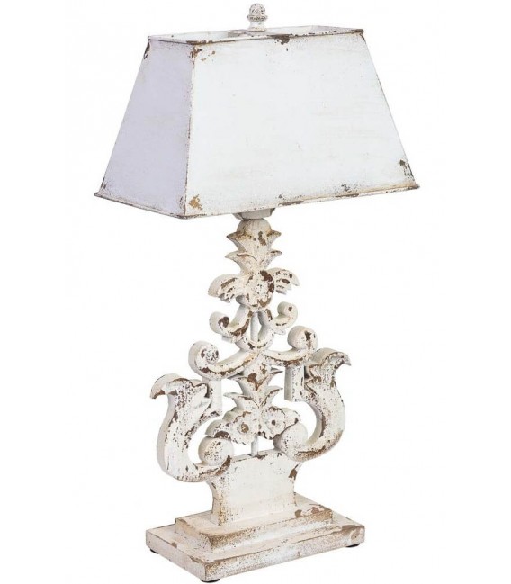 Lámpara de sobremesa vintage con base tallada y pantalla en blanco. Mdmhogar