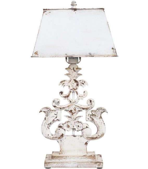 Lámpara de sobremesa vintage con base tallada y pantalla en blanco. Mdmhogar1