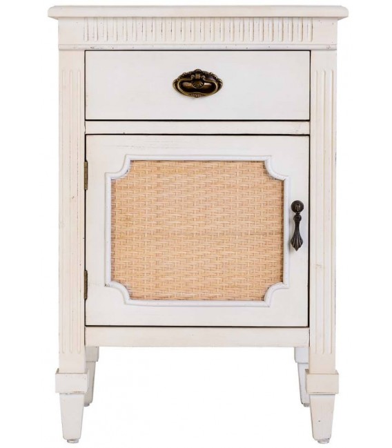 Mesita de noche romántica en madera blanca vintage y ratán natural. Mdmhogar1