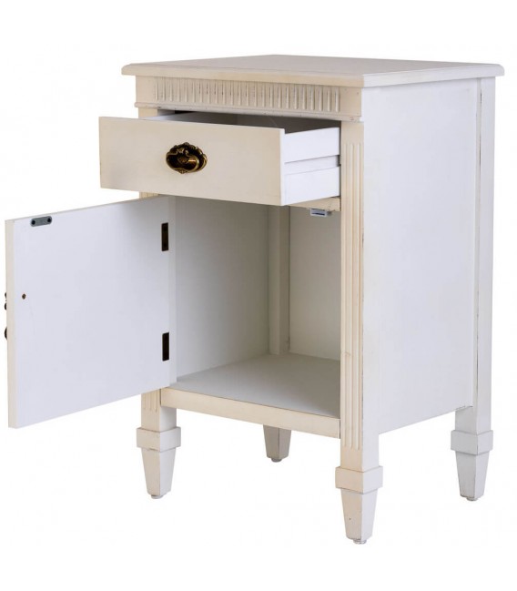 Mesita de noche romántica en madera blanca vintage y ratán natural. Mdmhogar2