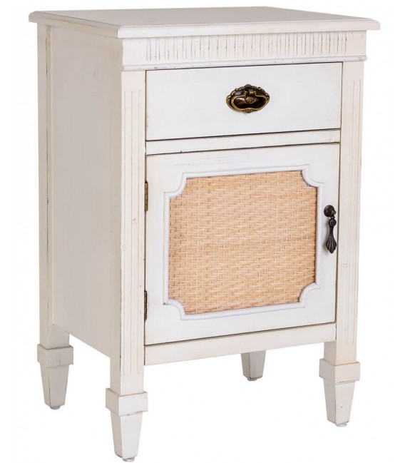 Mesita de noche romántica en madera blanca vintage y ratán natural. Mdmhogar