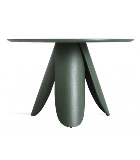 Mesa redonda de fresno, acabado verde musgo, diseño boho chic. Mdmhogar