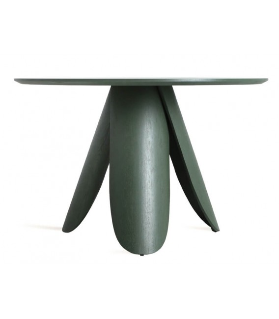 Mesa redonda de fresno, acabado verde musgo, diseño boho chic. Mdmhogar