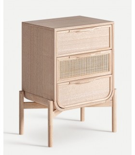 Mesita de noche en madera y ratán natural con 3 cajones. Mdmhogar